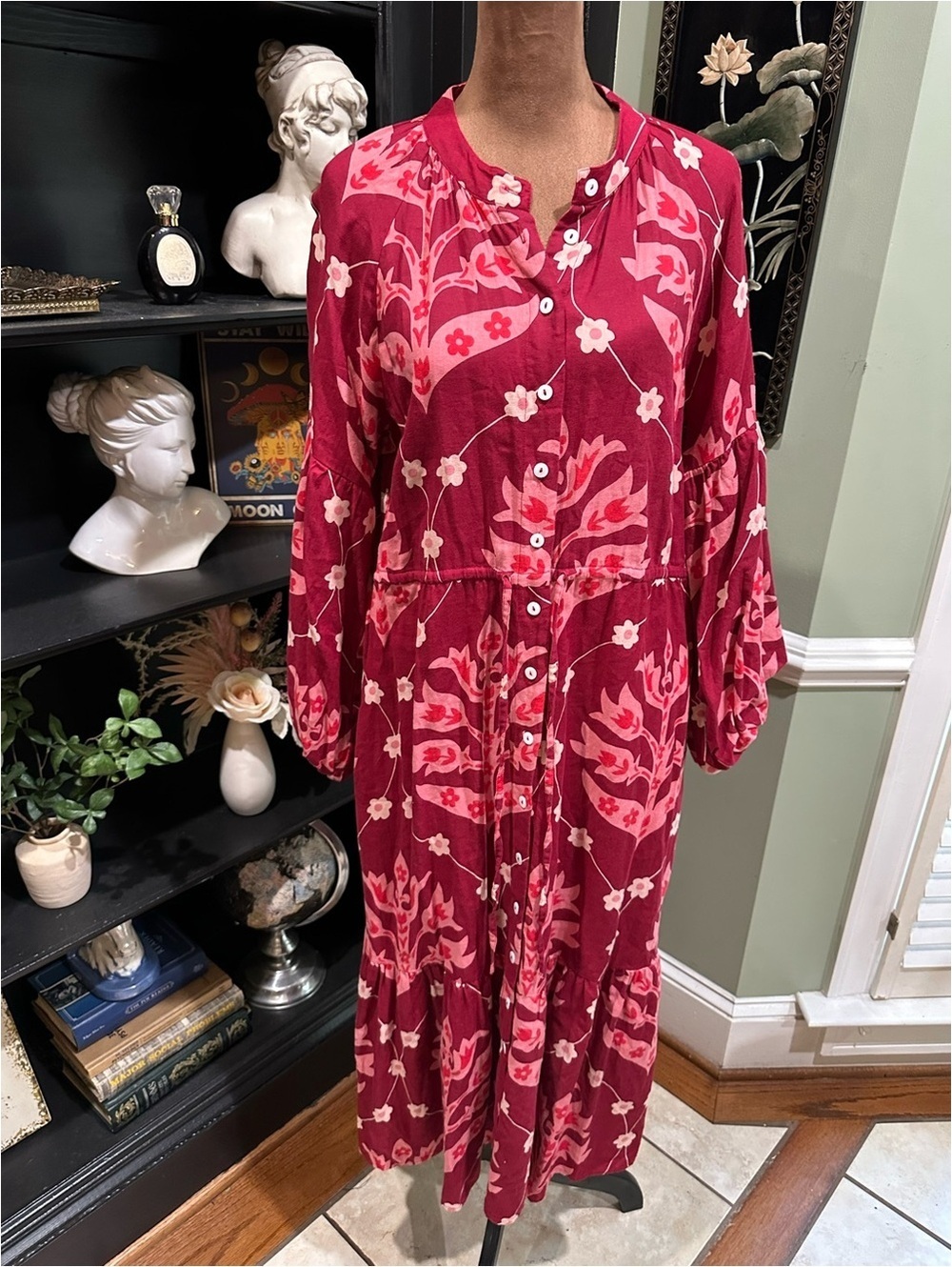 Olivia James Montgomery Red Pink Floral Cotton Button‑Front Maxi Dress